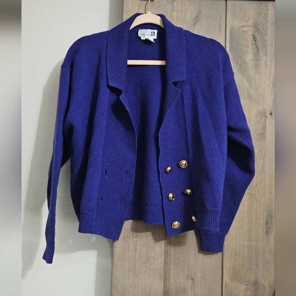 Vintage ADELE JOYCE Petites cobalt blue 100%wool button front cardigan sweater.M - Picture 3 of 10